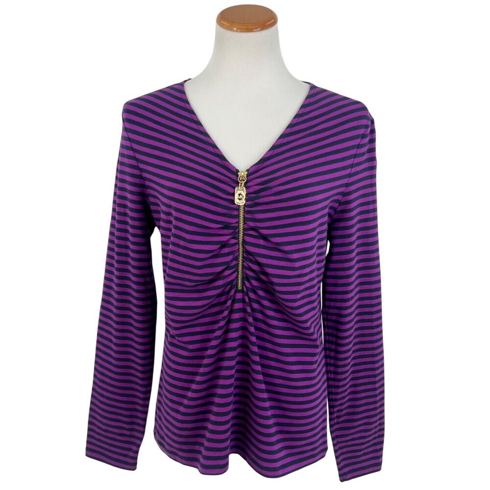 Michael Kors Purple & Black Striped V-Neck & Gold Logo Zip Accent Casual Top - Picture 2 of 12